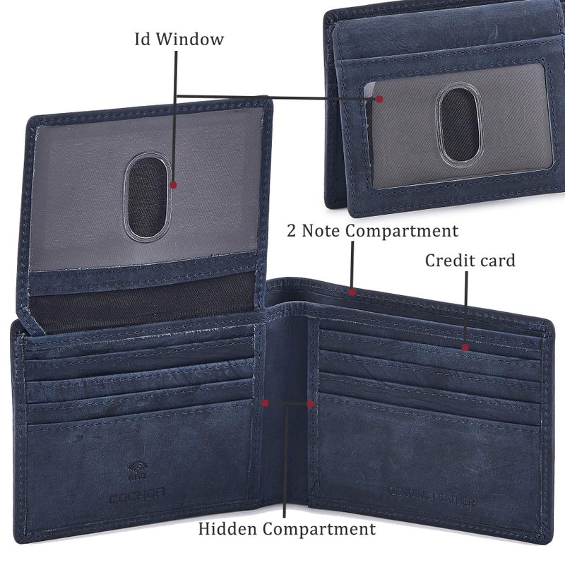 Cochoa Bifold Wallet for Men's Real Genuine Slim Leather RFID Blocking 2 ID Windows Stylish Travel Gift Box (CRAZY HORSE, NAVY) - Image 4